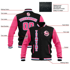 Benutzerdefiniert  Schwarz Rosa Hellblau Wasserdichte Varsity Jacken Personalisiert genäht Name Nummer Logo zu Letterman Jacken