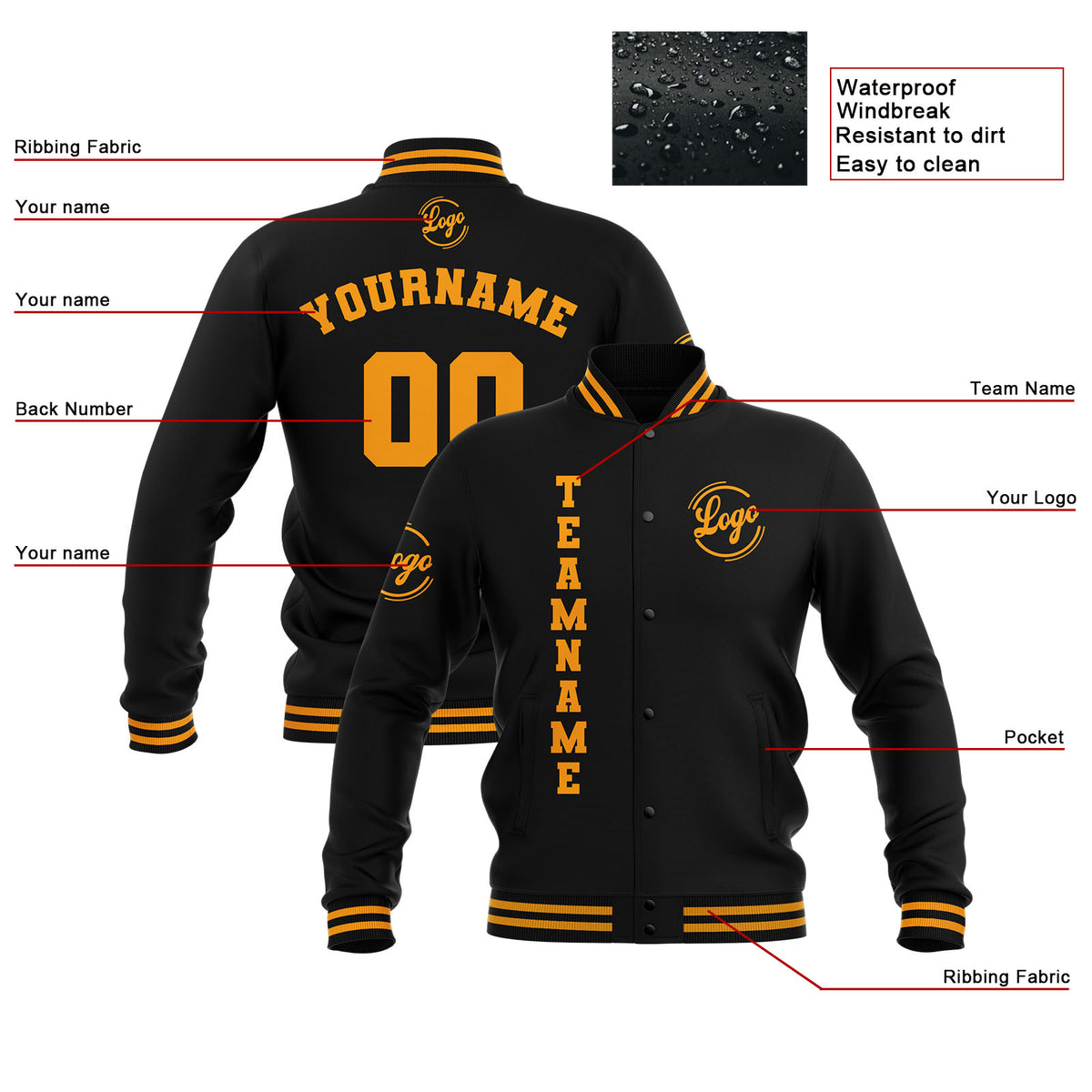 Benutzerdefiniert Schwarz Gelb Wasserdichte Varsity Jacken Personalisiert genäht Name Nummer Logo zu Letterman Jacken