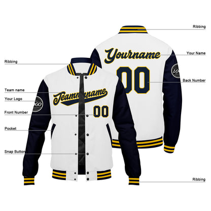 Benutzerdefinierte Verlauf Varsity-Jacke. Letterman-Jacke Marine Weiß Gelb