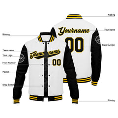 Benutzerdefinierte Verlauf Varsity-Jacke. Letterman-Jacke Schwarz Weiß Gelb