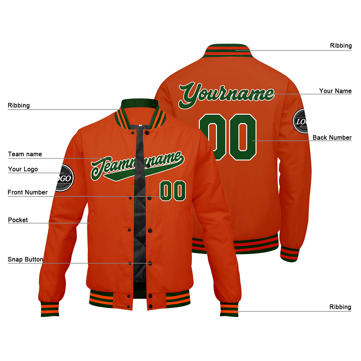 Benutzerdefinierte Verlauf Varsity-Jacke. Letterman-Jacke Dunkelgrün Orange