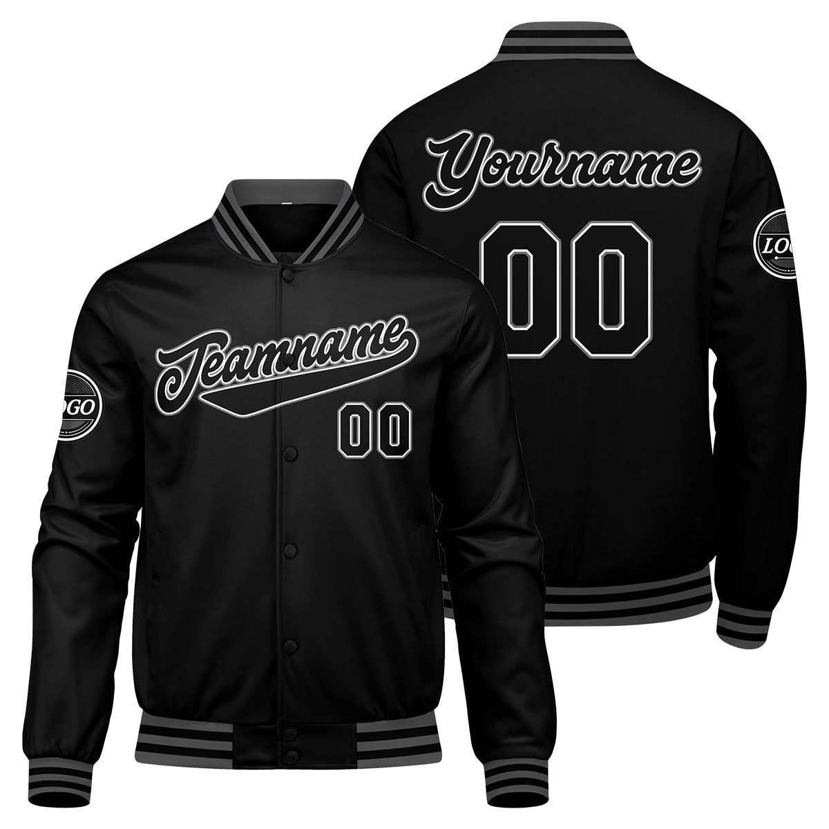 Benutzerdefinierte Verlauf Varsity-Jacke. Letterman-Jacke Schwarz Grau