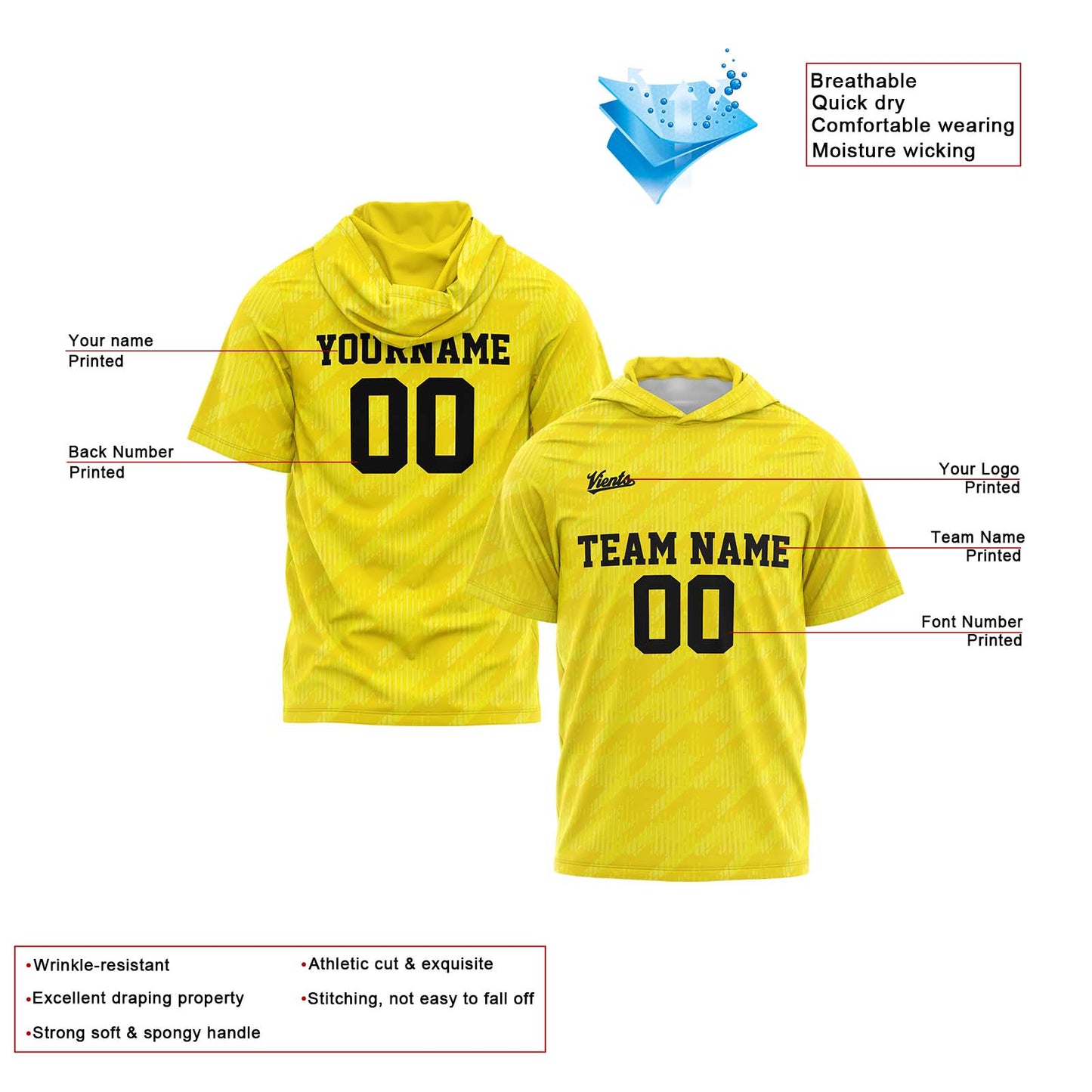 Benutzerdefinierte Gelb Kurzarm-Kapuzenpullover für Männer Frauen Hemden mit Kapuzen gedruckt Name Logo