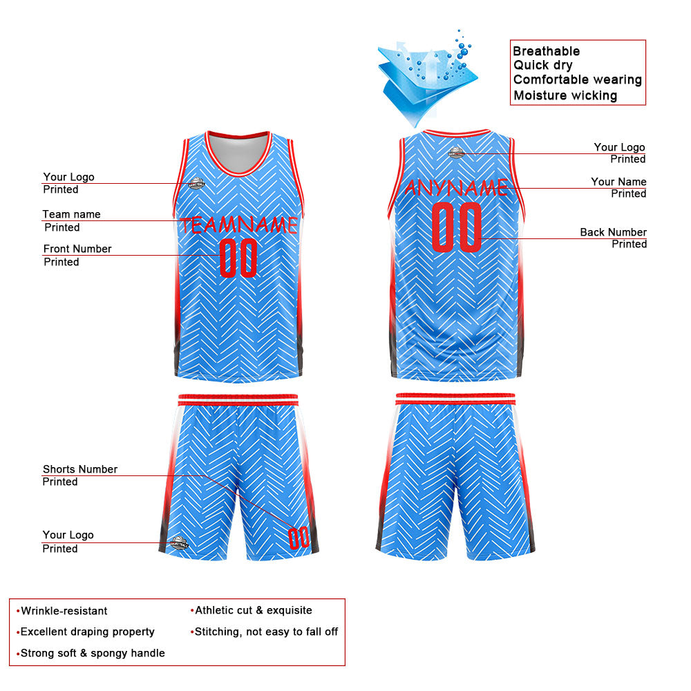 Benutzerdefinierte Reversible Basketball Jersey Personalisierte Print Name Nummer Logo Chevron-Hellblau&Weiß