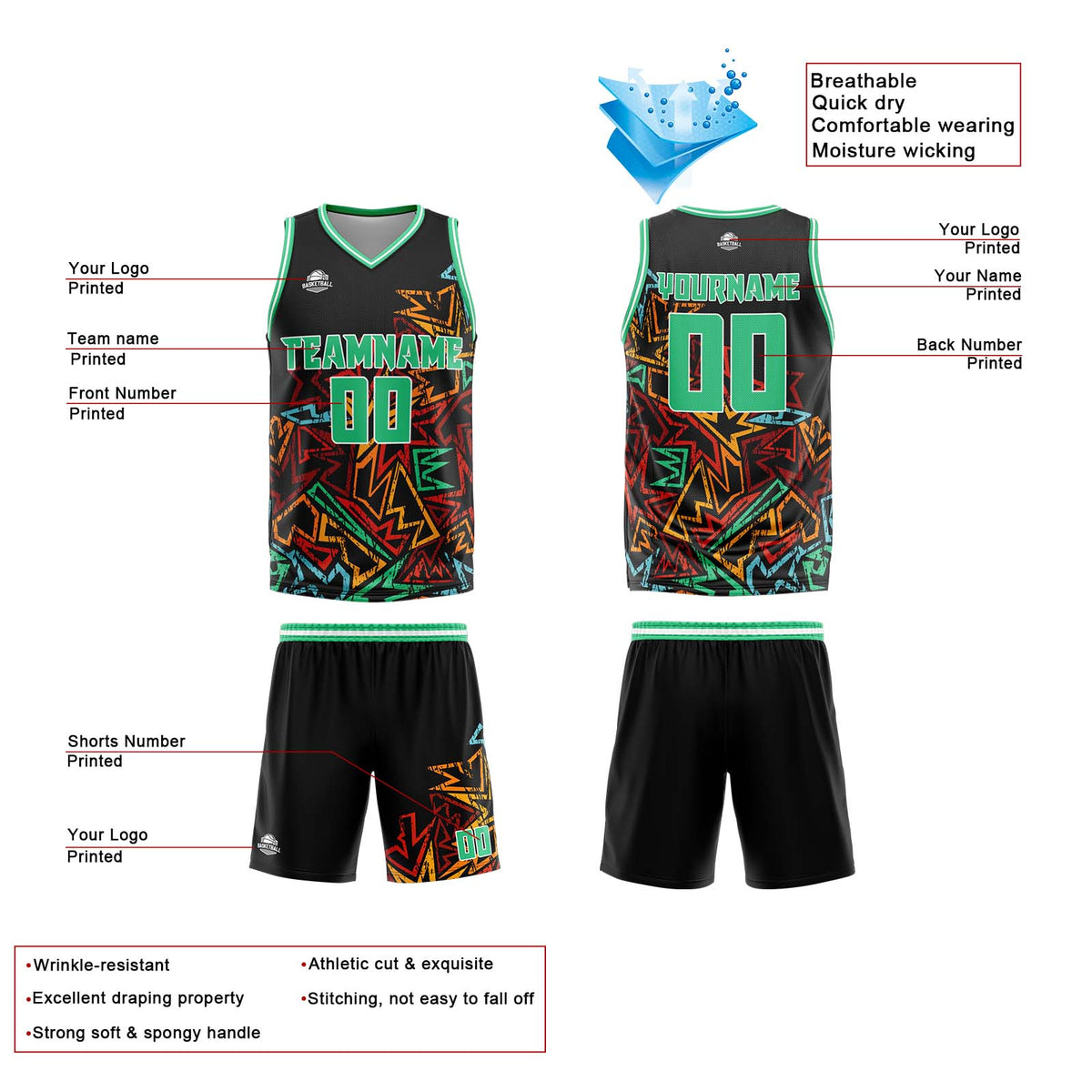 Benutzerdefinierte Grün Reversible Basketball Jersey Personalisierte Print Name Nummer Logo