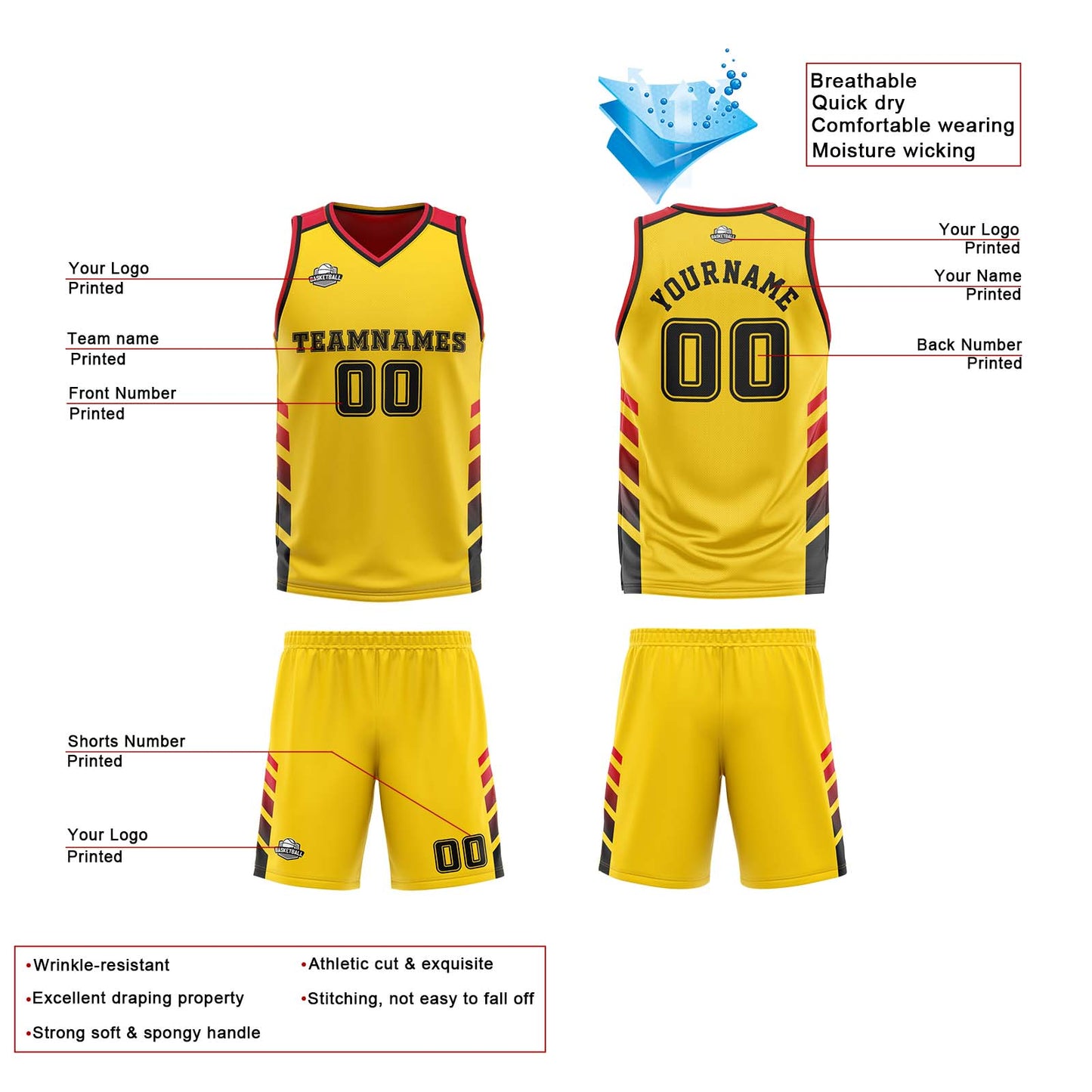 Benutzerdefinierte Gelb Rot Schwarz Reversible Basketball Jersey Personalisierte Print Name Nummer Logo