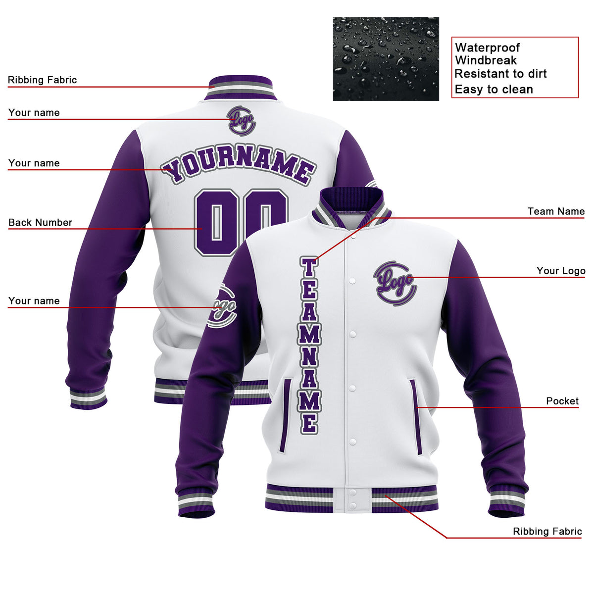 Benutzerdefiniert Weiß Lila Grau Wasserdichte Varsity Jacken Personalisiert genäht Name Nummer Logo zu Letterman Jacken