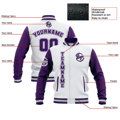 Benutzerdefiniert Weiß Lila Grau Wasserdichte Varsity Jacken Personalisiert genäht Name Nummer Logo zu Letterman Jacken