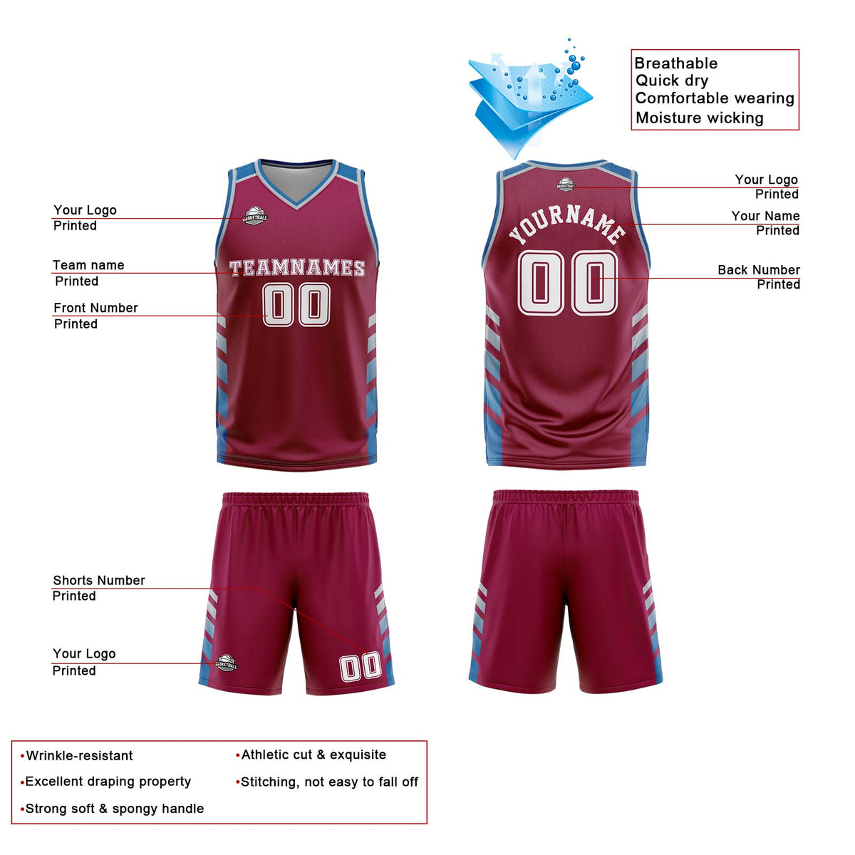 Benutzerdefinierte Burgund Weiß Blau Reversible Basketball Jersey Personalisierte Print Name Nummer Logo