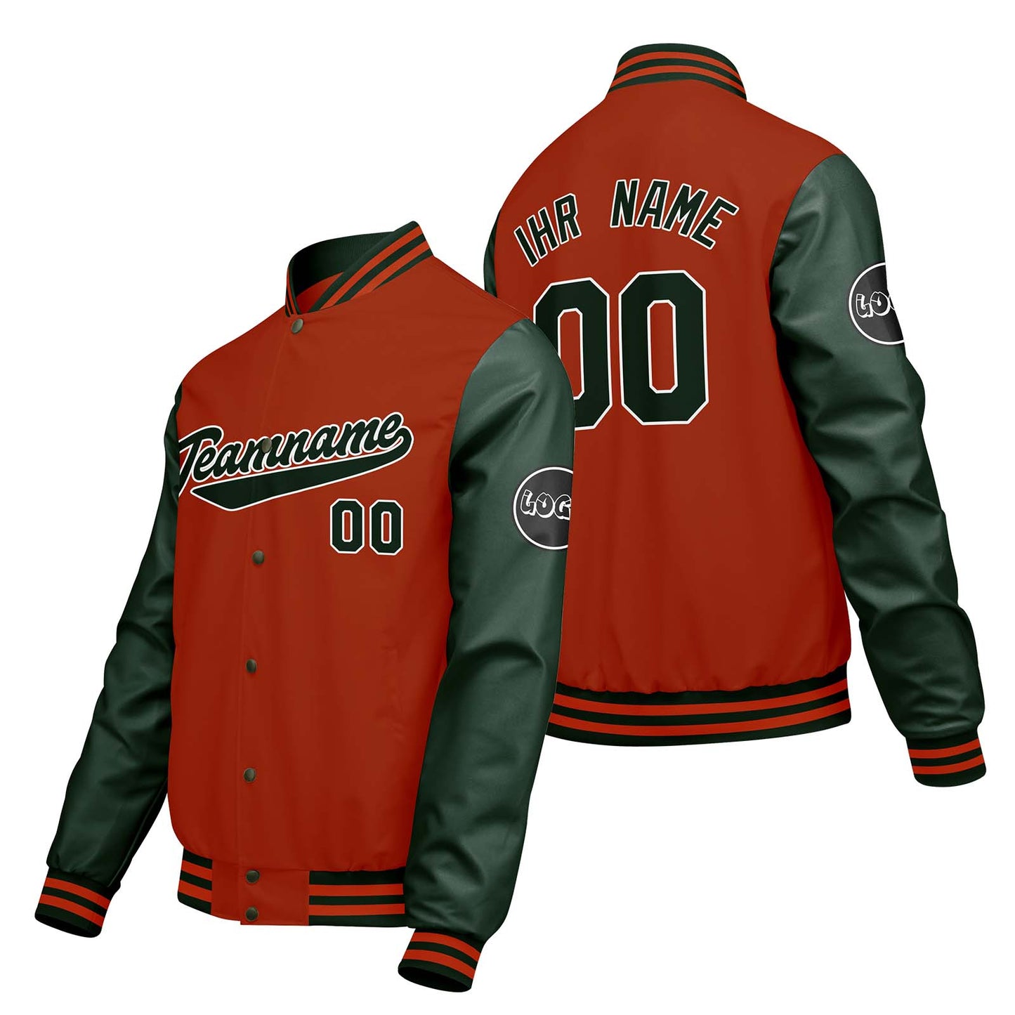Maßgeschneiderte Orange Grün Letterman Varsity Jacket Individuelle Stickerei Druck nach Ihrem Wunsch