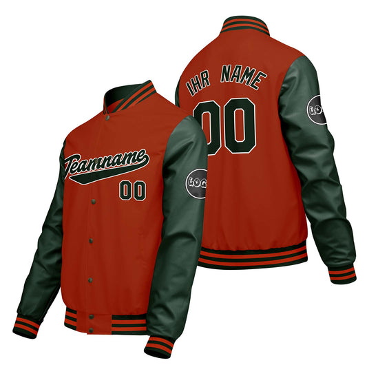 Maßgeschneiderte Orange Grün Letterman Varsity Jacket Individuelle Stickerei Druck nach Ihrem Wunsch