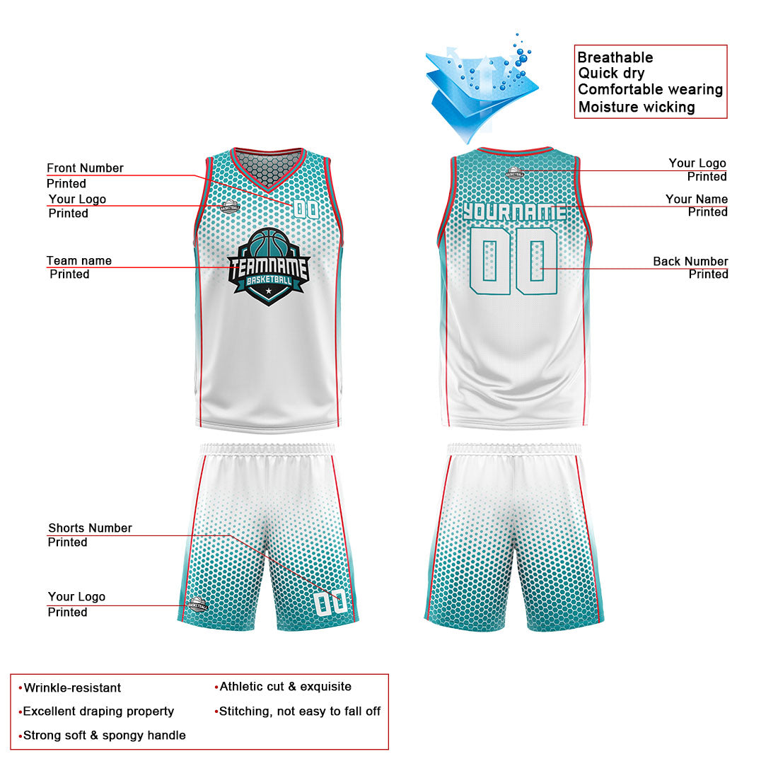 Benutzerdefinierte Weiß Cyan Rot Reversible Basketball Jersey Personalisierte Print Name Nummer Logo