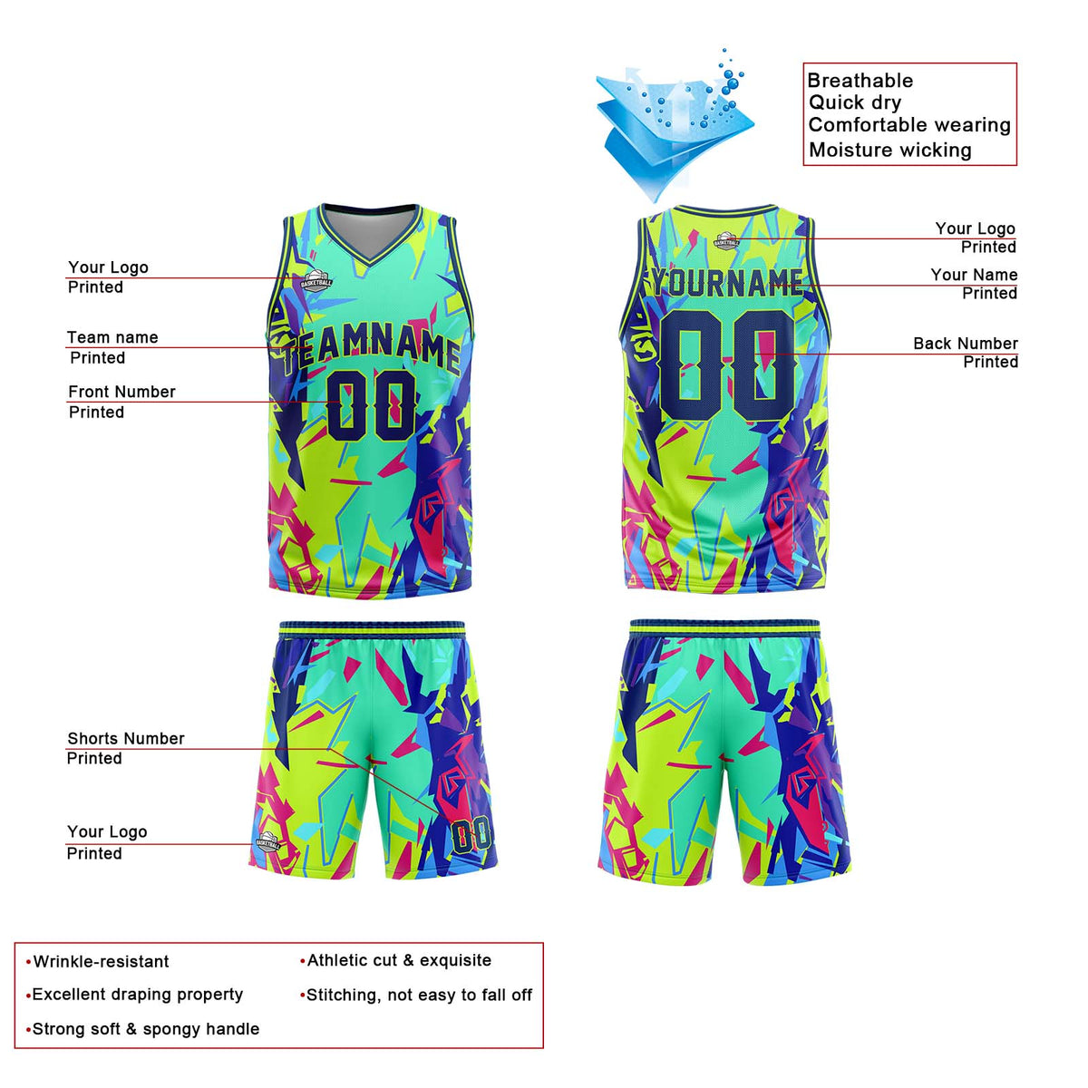 Benutzerdefinierter Grün Basketball Jersey Uniform Anzug gedruckt Ihr Logo Name Nummer