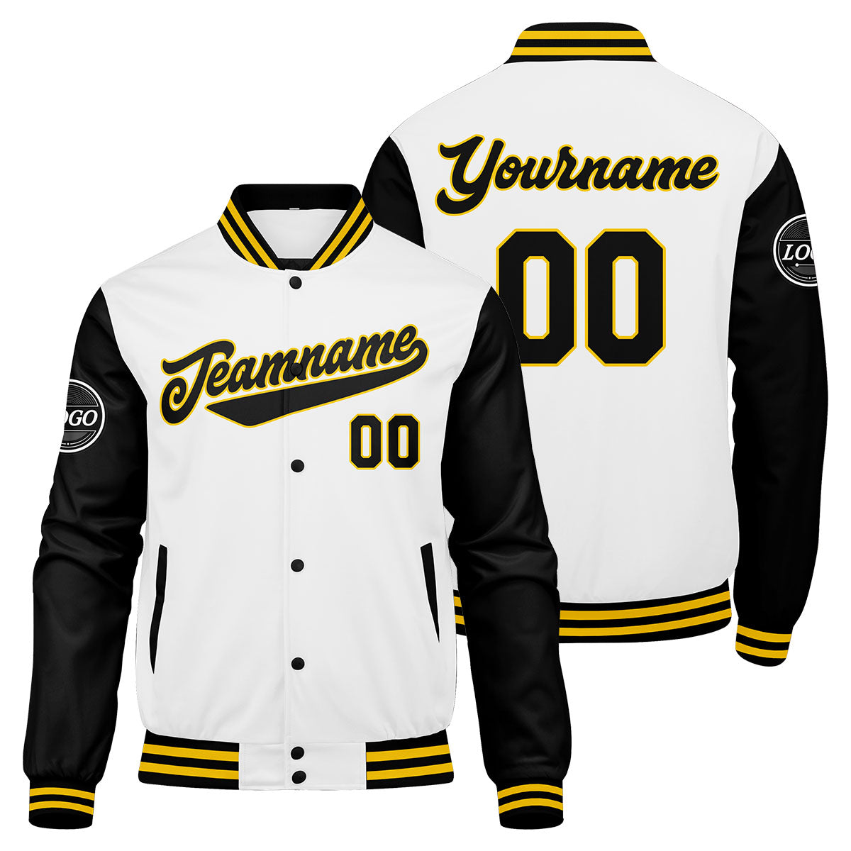 Benutzerdefinierte Verlauf Varsity-Jacke. Letterman-Jacke Schwarz Weiß Gelb