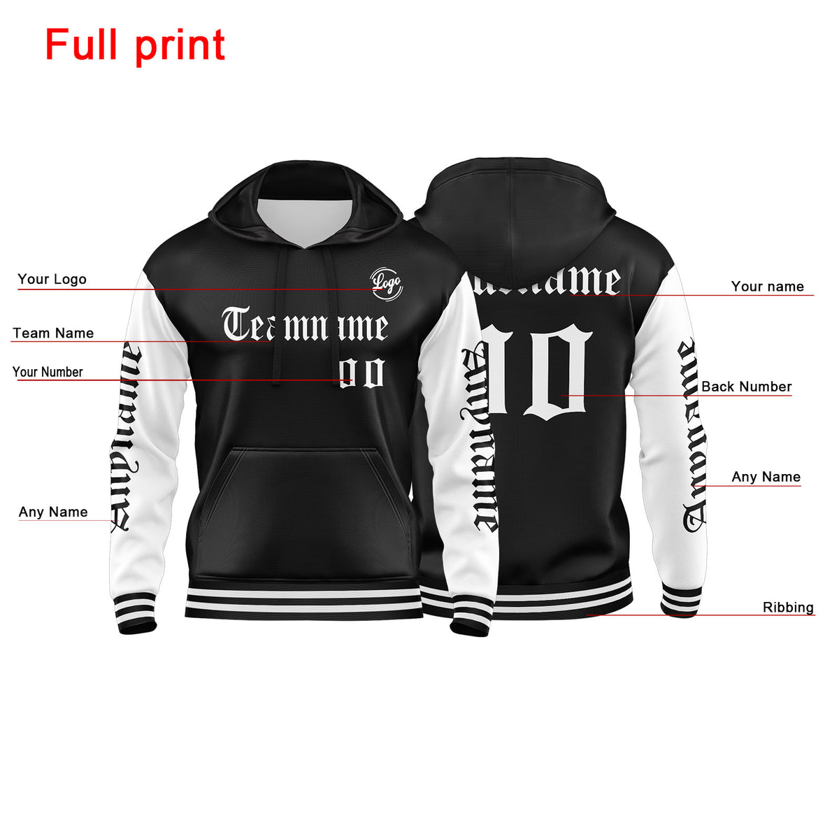 Benutzerdefinierter Weiß Schwarz Hoodie für Mann, Frau, Mädchen, Junge. Drucken Sie Ihr Logo, Ihren Namen und Ihre Nummer