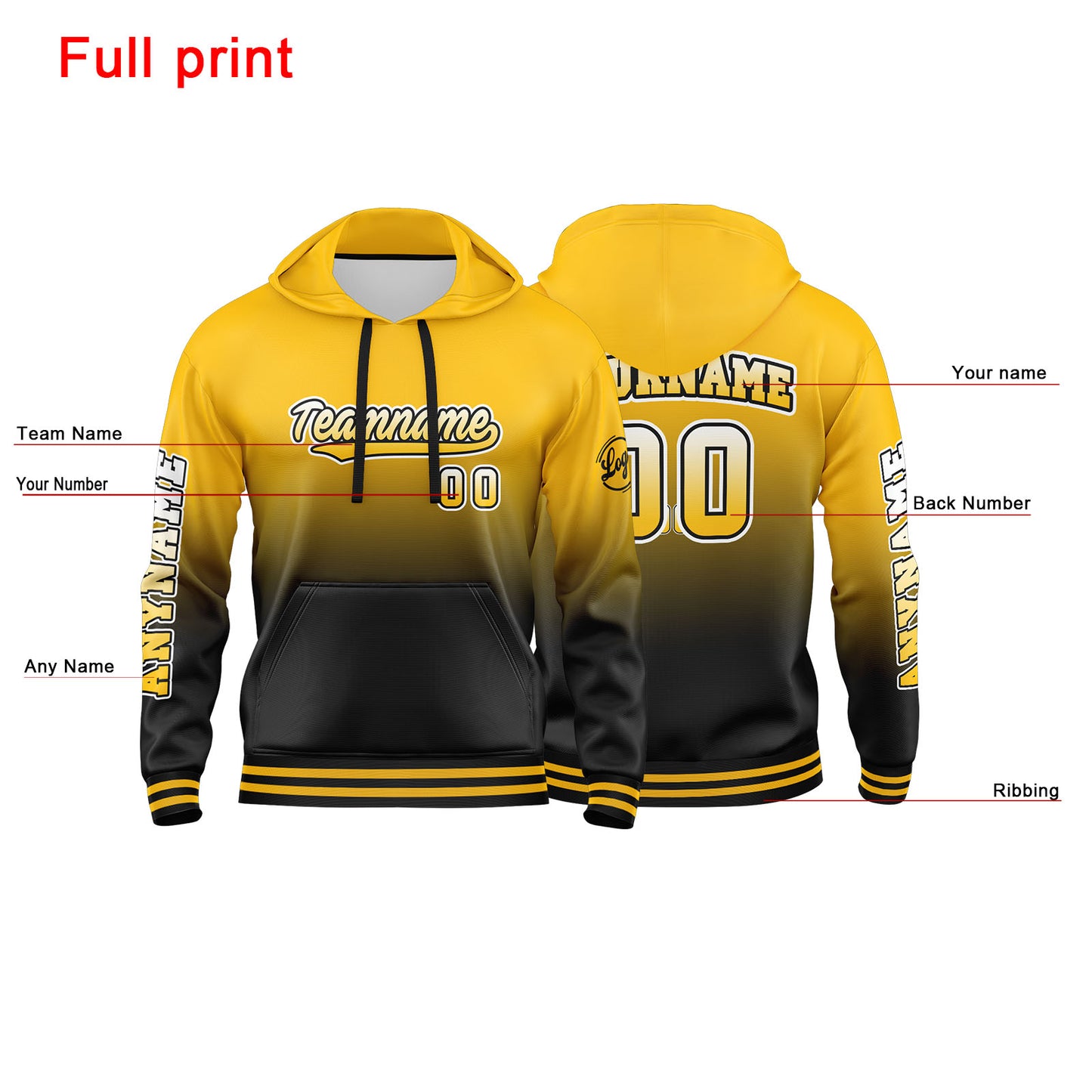 Benutzerdefinierter Gelb Schwarz Hoodie für Mann, Frau, Mädchen, Junge. Drucken Sie Ihr Logo, Ihren Namen und Ihre Nummer