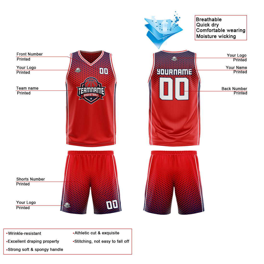 Benutzerdefinierte Reversible Basketball Jersey Personalisierte Print Name Nummer Logo Rote Marine