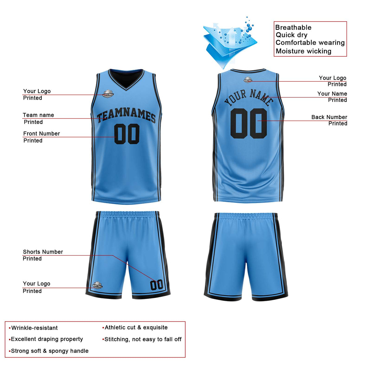 Benutzerdefinierte Hellblau Schwarz Reversible Basketball Jersey Personalisierte Print Name Nummer Logo