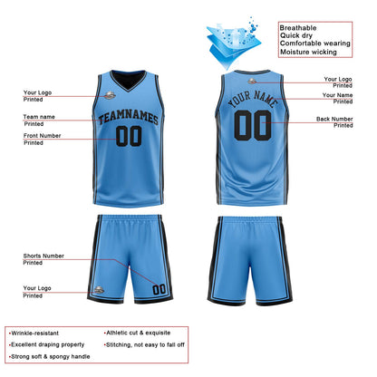 Benutzerdefinierte Hellblau Schwarz Reversible Basketball Jersey Personalisierte Print Name Nummer Logo