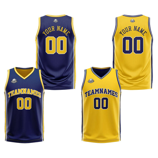 Benutzerdefinierte Marine Gelb Reversible Basketball Jersey Personalisierte Print Name Nummer Logo