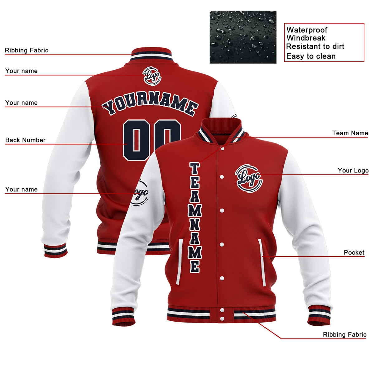 Benutzerdefiniert Rot Weiß Marine Wasserdichte Varsity Jacken Personalisiert genäht Name Nummer Logo zu Letterman Jacken