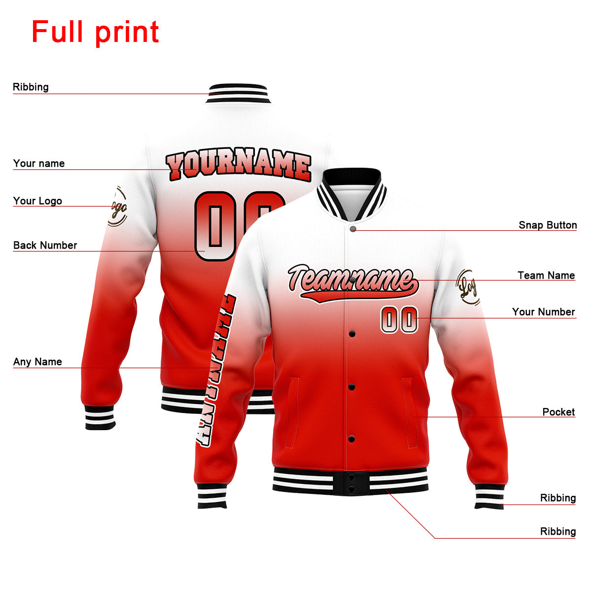 Benutzerdefinierte Verlauf Varsity-Jacke. Letterman-Jacke Weiß Rot