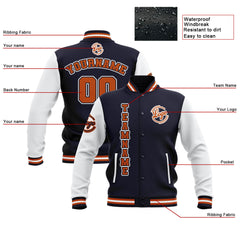 Benutzerdefiniert Marine Weiß Orange Wasserdichte Varsity Jacken Personalisiert genäht Name Nummer Logo zu Letterman Jacken