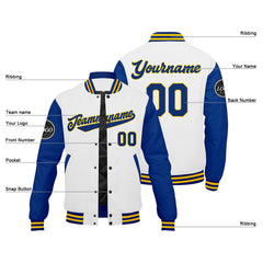 Benutzerdefinierte Verlauf Varsity-Jacke. Letterman-Jacke Royal Weiß Gelb