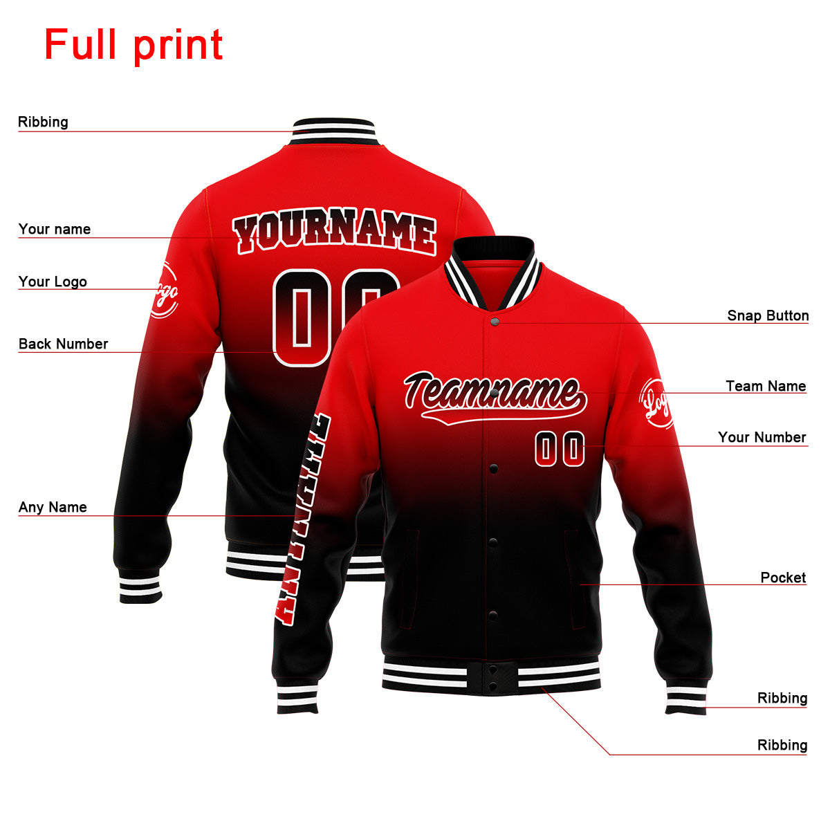 Benutzerdefinierte Verlauf Varsity-Jacke. Letterman-Jacke Rot Schwarz