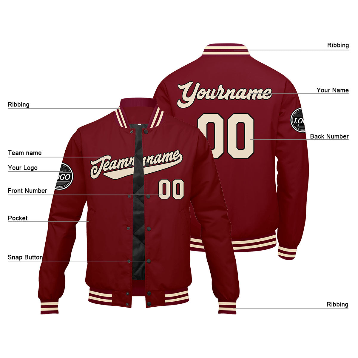 Benutzerdefinierte Verlauf Varsity-Jacke. Letterman-Jacke Karminrot Creme