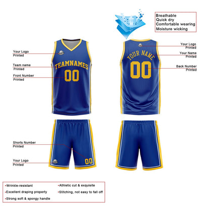 Benutzerdefinierte Royal Weiß Gelb Reversible Basketball Jersey Personalisierte Print Name Nummer Logo