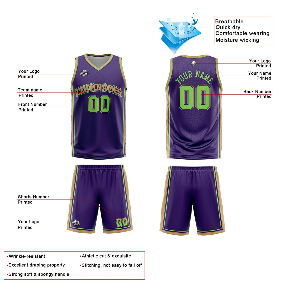 Benutzerdefinierte Lila Weißgold Neon Grün Reversible Basketball Jersey Personalisierte Print Name Nummer Logo