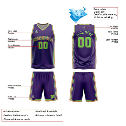 Benutzerdefinierte Lila Weißgold Neon Grün Reversible Basketball Jersey Personalisierte Print Name Nummer Logo