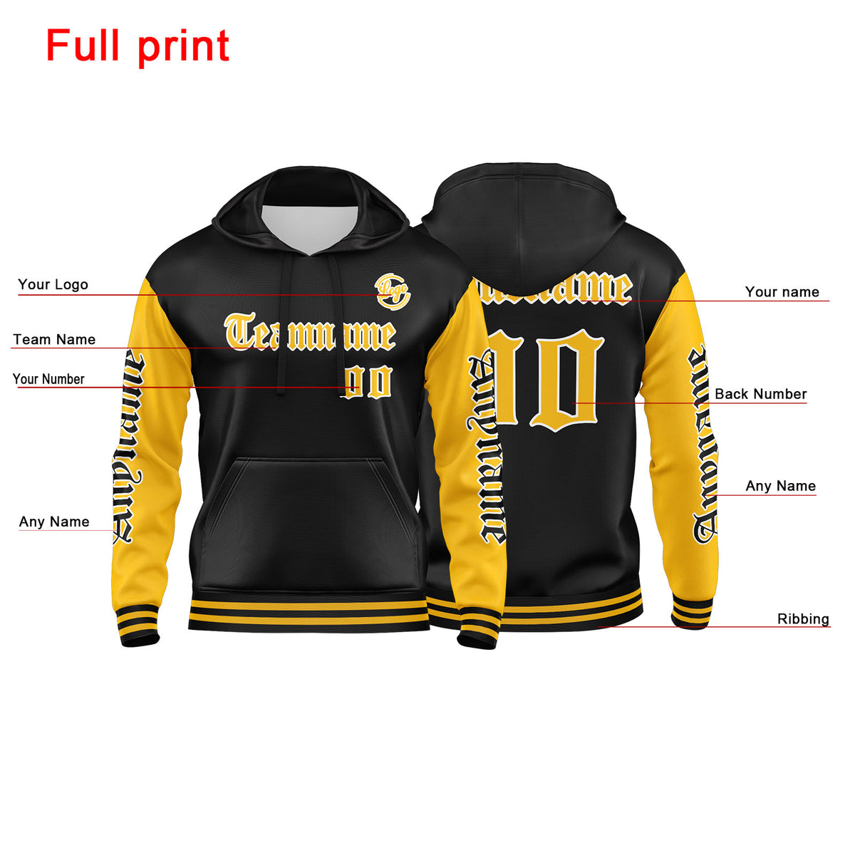 Benutzerdefinierter Gelb Schwarz Hoodie für Mann, Frau, Mädchen, Junge. Drucken Sie Ihr Logo, Ihren Namen und Ihre Nummer