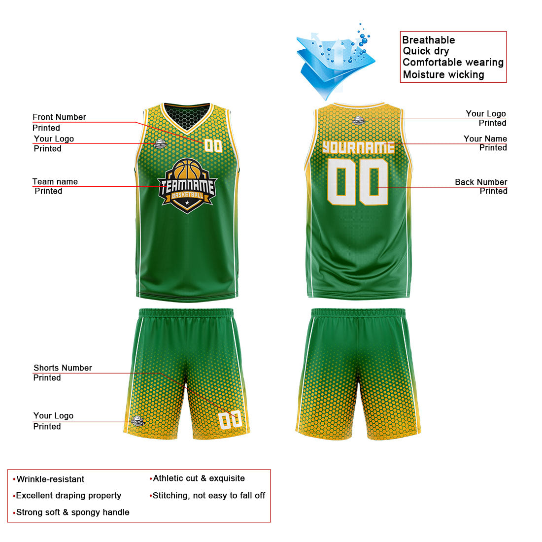 Benutzerdefinierte Grün Gelb Weiß Reversible Basketball Jersey Personalisierte Print Name Nummer Logo