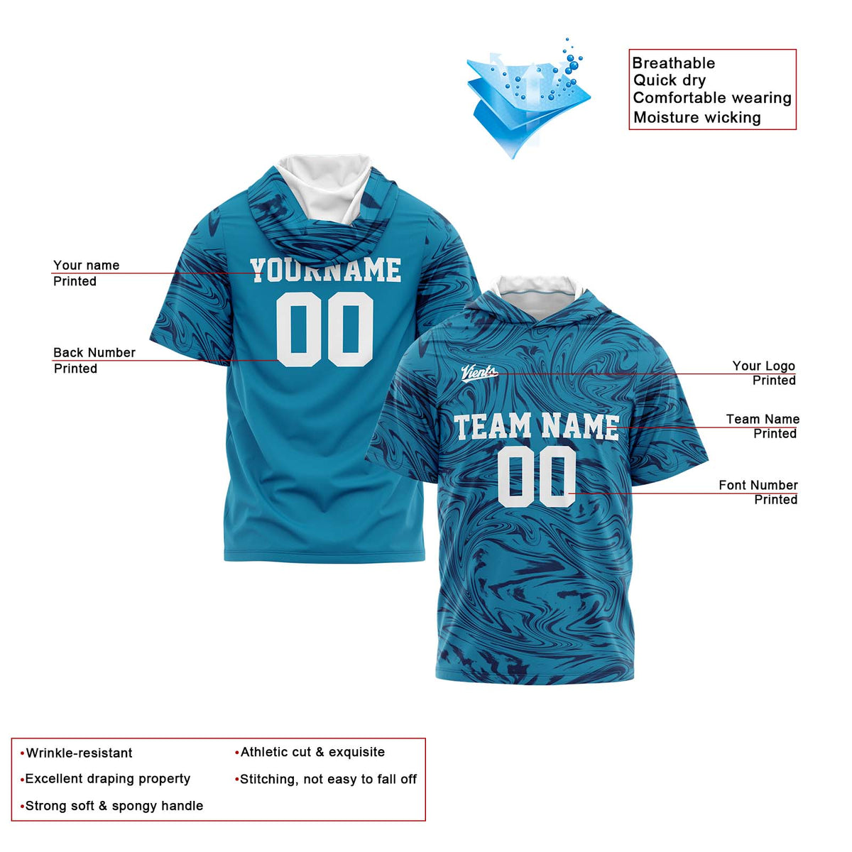 Benutzerdefinierte Aqua Marine Kurzarm-Kapuzenpullover für Männer Frauen Hemden mit Kapuzen gedruckt Name Logo