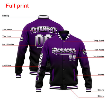 Benutzerdefinierte Varsity-Jacke. Letterman-Jacke für Männer, Frauen und Jugendliche Lila Schwarz