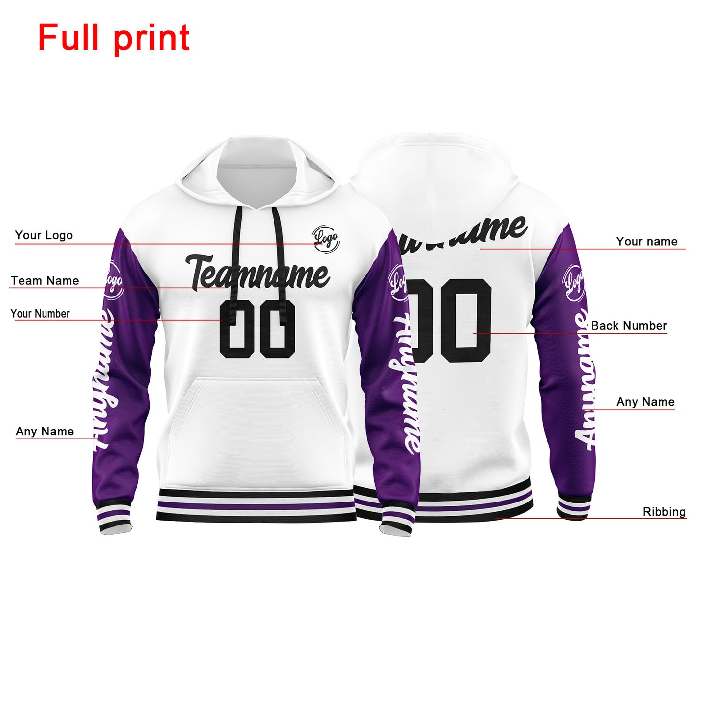 Benutzerdefinierter Lila Weiß Hoodie für Mann, Frau, Mädchen, Junge. Drucken Sie Ihr Logo, Ihren Namen und Ihre Nummer