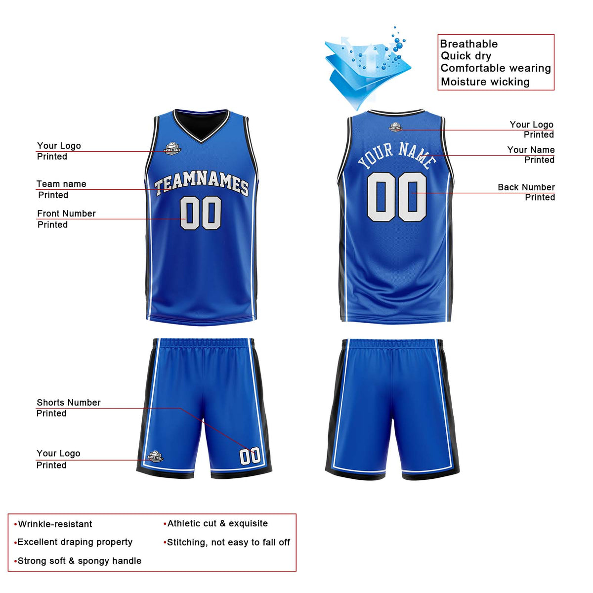 Benutzerdefinierte Royal Schwarz Reversible Basketball Jersey Personalisierte Print Name Nummer Logo