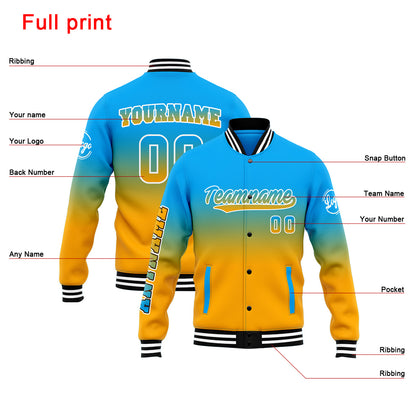 Benutzerdefinierte Verlauf Varsity-Jacke. Letterman-Jacke Hellblau Orange