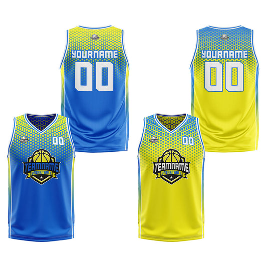 Benutzerdefinierte Reversible Basketball Jersey Personalisierte Print Name Nummer Logo Blau-Gelb