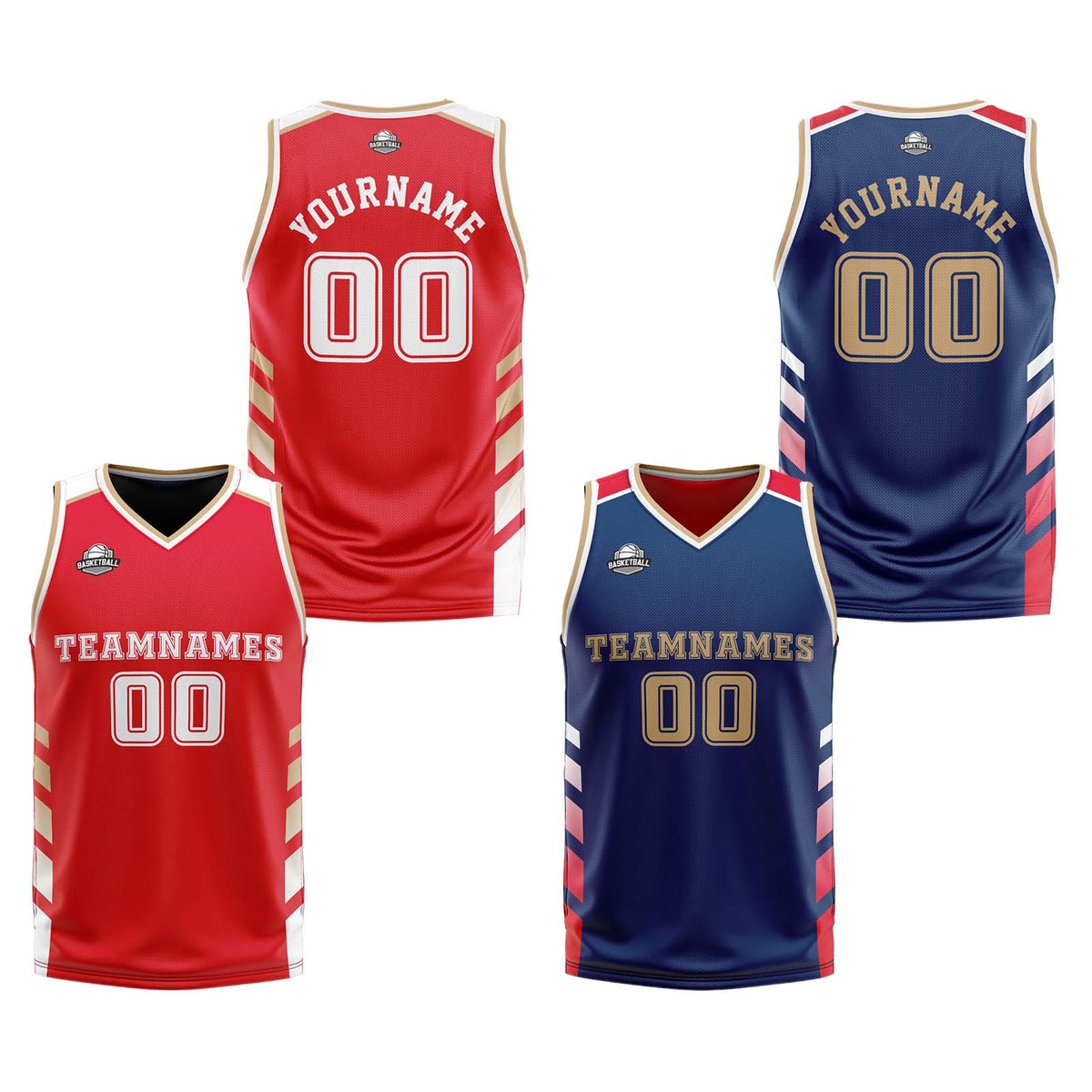 Benutzerdefinierte Rot-Marine-Gold Reversible Basketball Jersey Personalisierte Print Name Nummer Logo