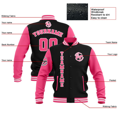 Benutzerdefiniert  Schwarz Rosa Weiß Wasserdichte Varsity Jacken Personalisiert genäht Name Nummer Logo zu Letterman Jacken