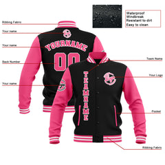 Benutzerdefiniert  Schwarz Rosa Weiß Wasserdichte Varsity Jacken Personalisiert genäht Name Nummer Logo zu Letterman Jacken