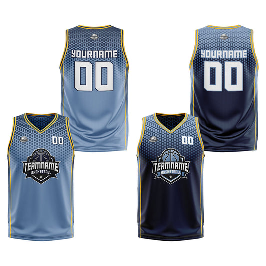 Benutzerdefinierte Staubiges Blau Marine Gelb Reversible Basketball Jersey Personalisierte Print Name Nummer Logo