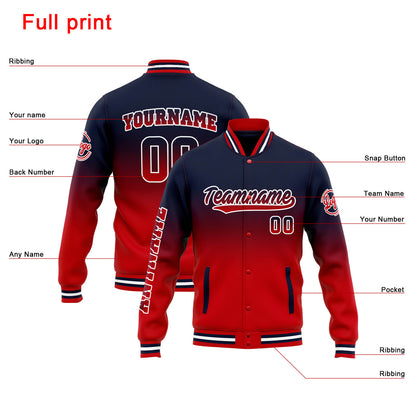 Benutzerdefinierte Varsity-Jacke. Letterman-Jacke für Männer, Frauen und Jugendliche Marine Rot Verlauf