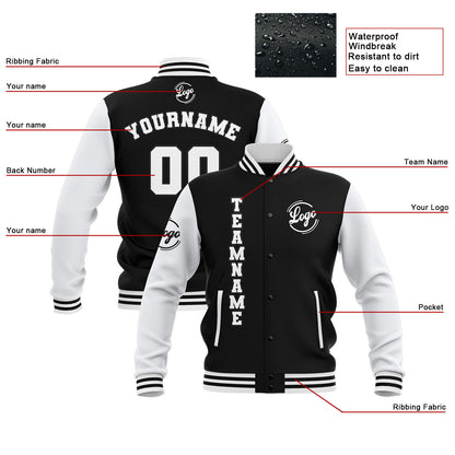 Benutzerdefiniert Schwarz Weiß Wasserdichte Varsity Jacken Personalisiert genäht Name Nummer Logo zu Letterman Jacken