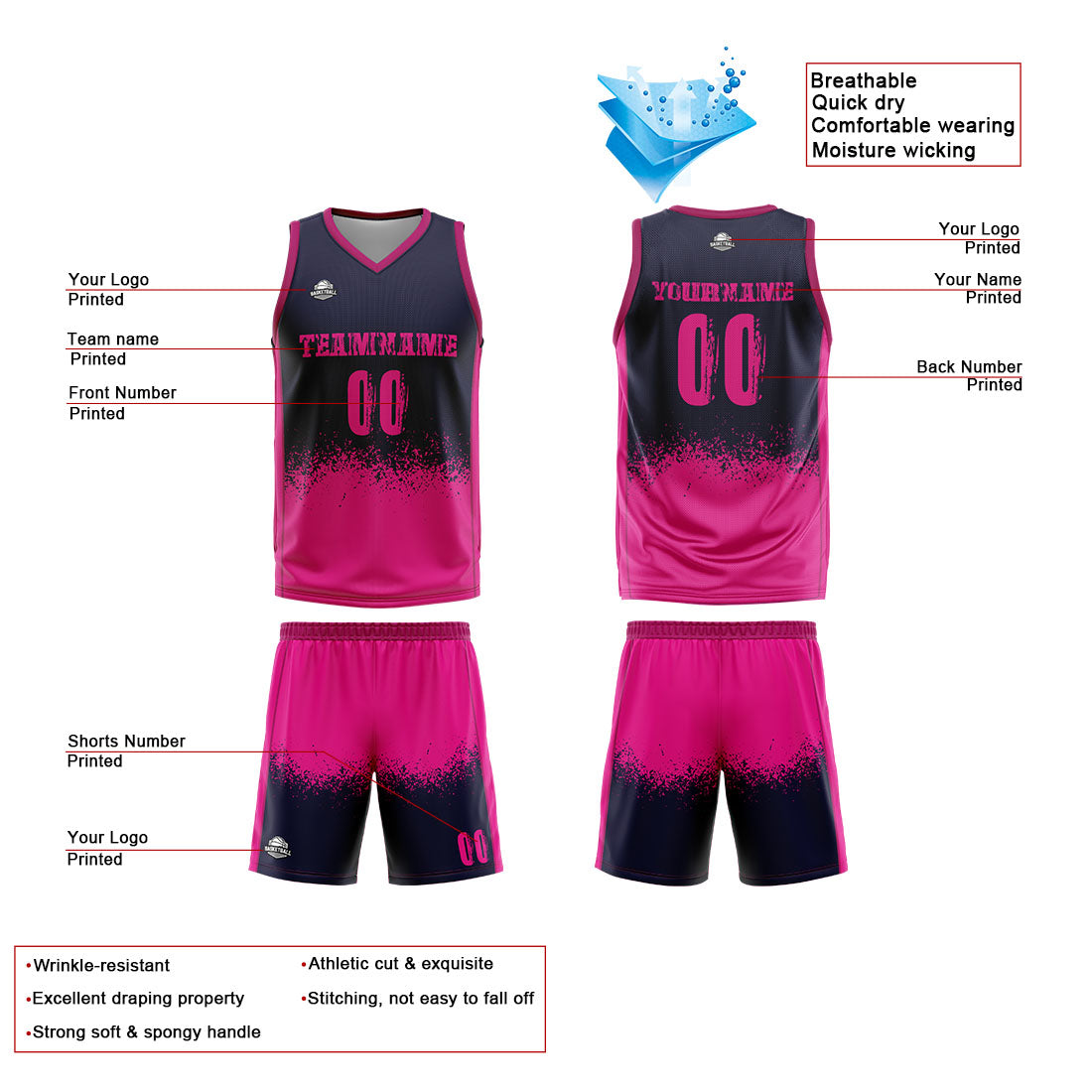 Benutzerdefinierte Reversible Basketball Jersey Personalisierte Print Name Nummer Logo Marine-Heiß Rosa