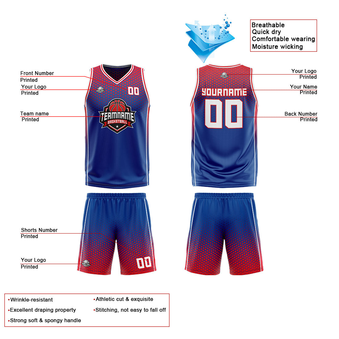 Benutzerdefinierte Blau Rot Reversible Basketball Jersey Personalisierte Print Name Nummer Logo