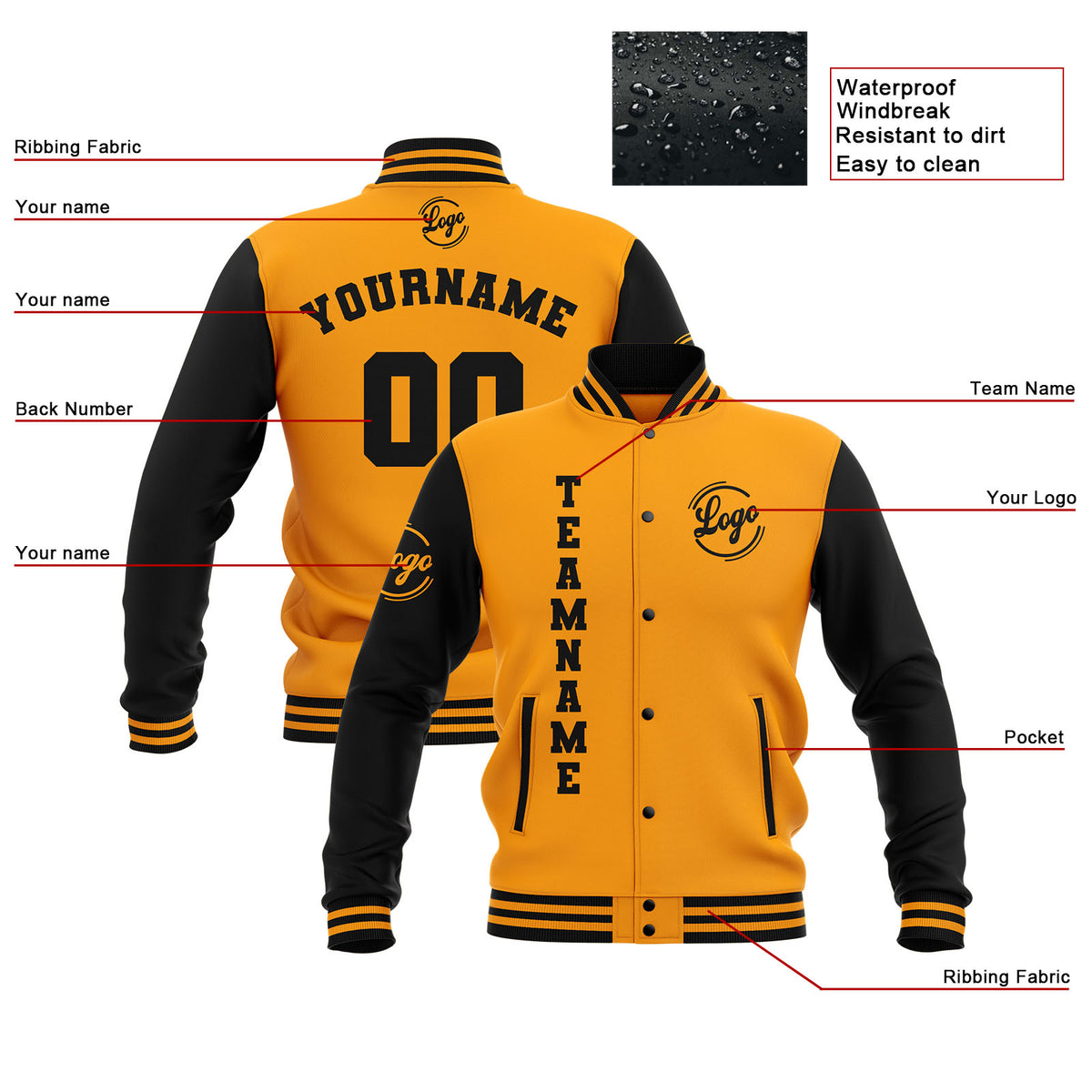 Benutzerdefiniert Schwarz Gelb Wasserdichte Varsity Jacken Personalisiert genäht Name Nummer Logo zu Letterman Jacken